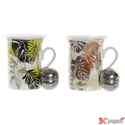 Bögre porcelán 280ml 10x8x11cm, teatojással, fedővel 2 féle levél minta