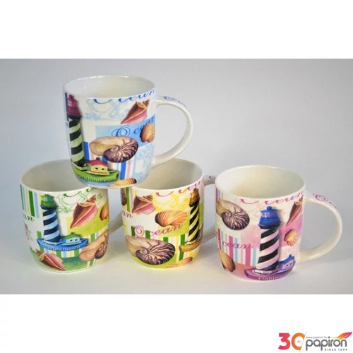 Bögre kerámia 347ml Ocean feliratos, 4féle mintázattal 9x9,4x7,3cm