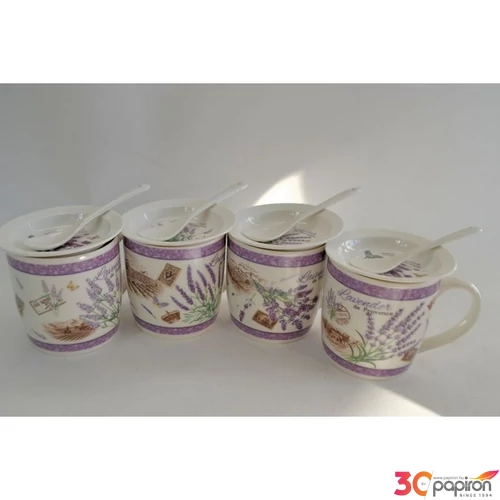 Bögre kerámia 340ml 16,5x18x9,6cm, kanállal és tetővel 2féle Favorite Lavender