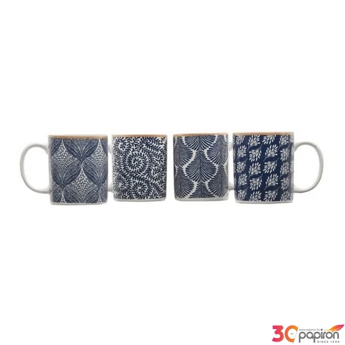 Bögre kerámia mintás fehér, kék 8,2x9cm