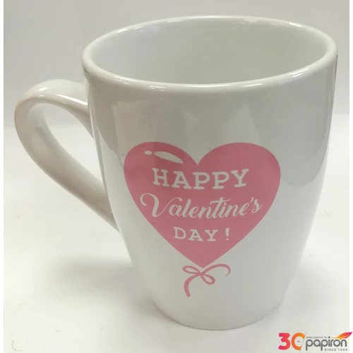 Bögre kerámia Valentin Love - Happy Valentin Day felirattal fehér alapon pink szív, benne a felirat