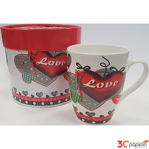 Bögre kerámia Valentin Love felirattal, szív dekorral díszdobozban, témához illő mintával