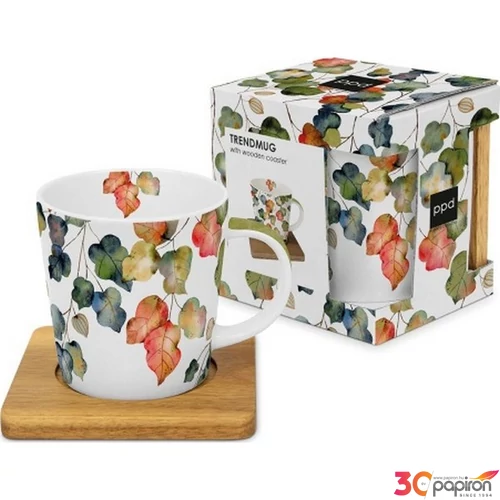 Bögre porcelán 0,4l akácfa alátéttel,dobozban,Bright Fall