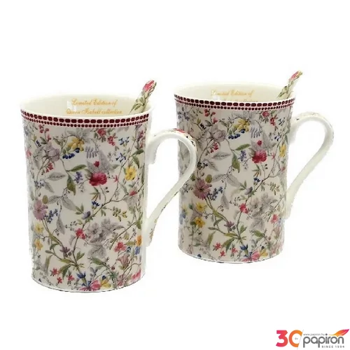 Bögre porcelán 250ml 2 személyes készlet, kanállal, virágos 10,5x10,5cm