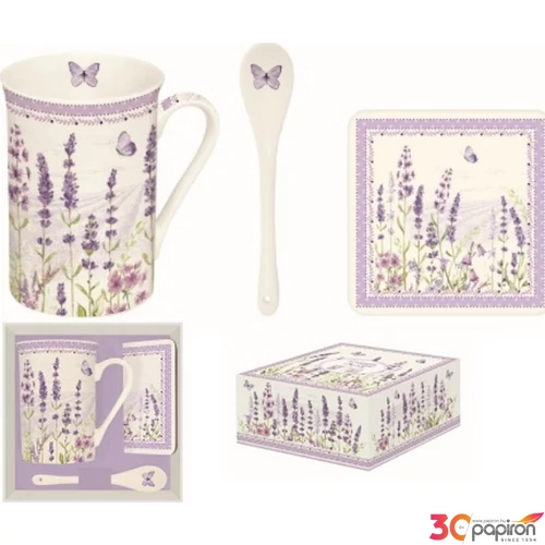 Bögre Porcelán 250ml kanállal, parafa poháralátéttel dobozban Lavender Field