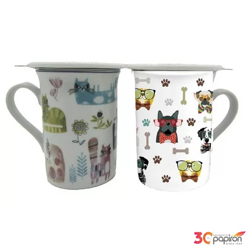 Bögre porcelán 280ml 11x8,5x11cm, fedővel 2 féle állatos