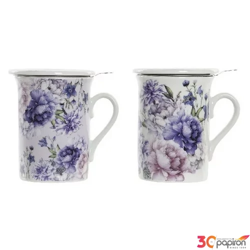 Bögre porcelán 280ml 11x8,5x11cm, fedővel 2 féle virágos 