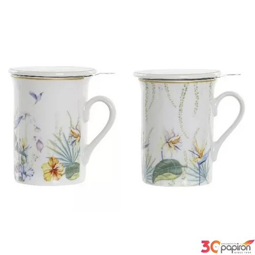 Bögre porcelán 280ml 11x8,5x11cm, fedővel 2 féle virágos