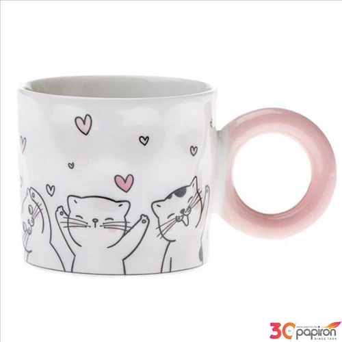Bögre porcelán 300 ml fekete rajzos cicákkal, rózsaszín szívekkel