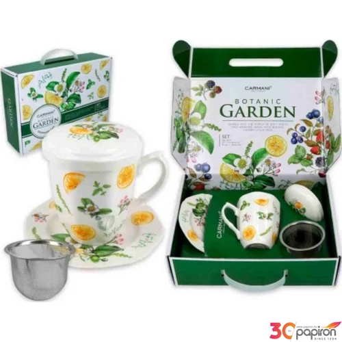 Bögre porcelán 300ml Porcelánbögre+alj tetővel, fémszűrővel díszdobozban, citromos