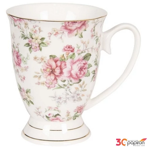 Bögre porcelán 300ml rózsaszín virágos 11x8x10cm aranyszegéllyel