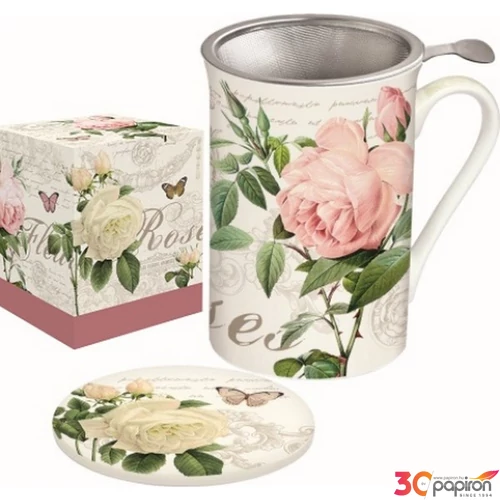 Bögre Porcelán 300ml szett, tetővel, fémszűrővel,Jardin Botan