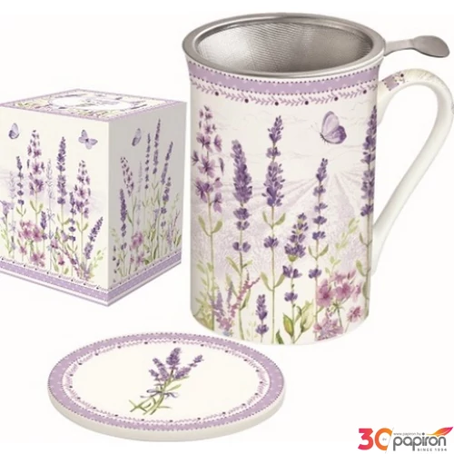 Bögre Porcelán 300ml tetővel, fémszűrővel Lavender Field 
