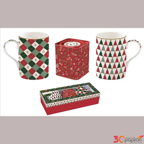 Bögre Porcelán 3,5dl 7,5x7,5x9cm, ajándékszett Fancy Ch 2db+fémdoboz