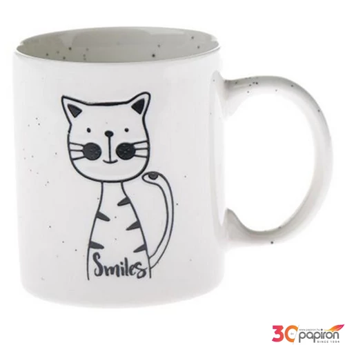 Bögre porcelán 360 ml fekete rajzos cica Smile felirattal 