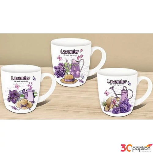 Bögre porcelán 360ml díszdobozos, kanál+tető 9x8,5cm, 3 féle Lavender Magic