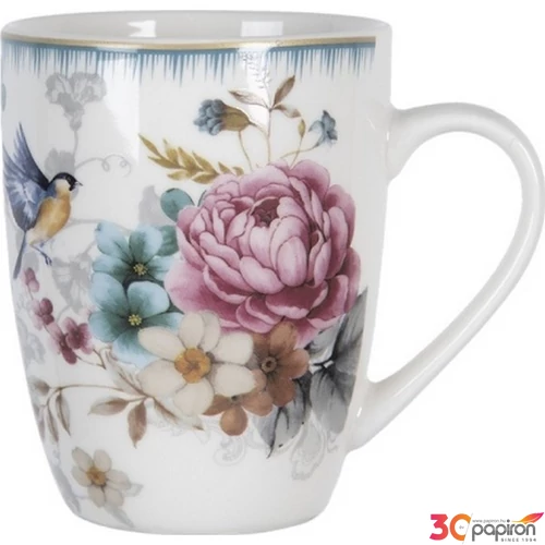 Bögre porcelán 360ml rózsás-madaras 