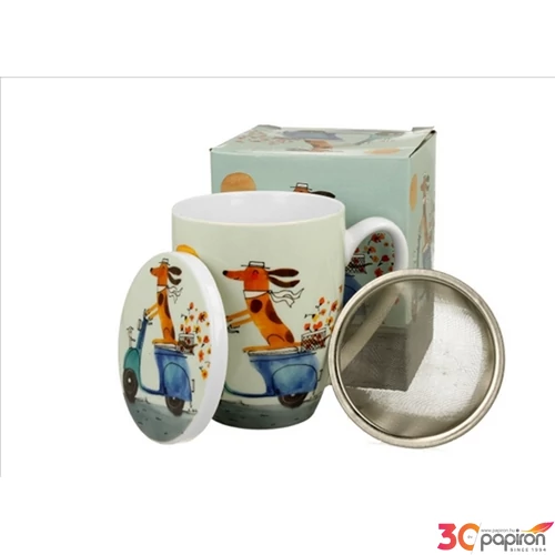 Bögre Porcelán 3,6dl tetővel fémszűrővel, Dog on a scoo dobozban