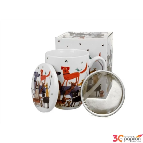 Bögre Porcelán 3,6dl tetővel fémszűrővel, Dog walk dobozban