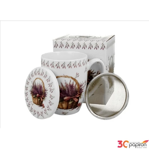 Bögre Porcelán 3,6dl tetővel fémszűrővel, Lavender dobozban