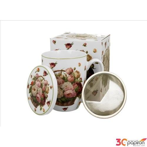 Bögre porcelán 3,6dl tetővel fémszűrővel, Peonies dobozban
