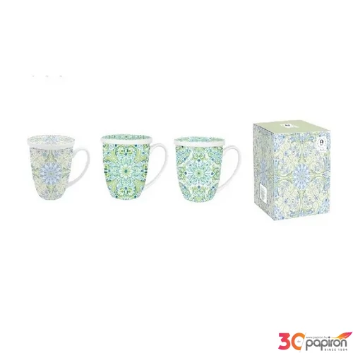 Bögre porcelán 380ml fedővel, 12x9x11cm, 3 féle minta