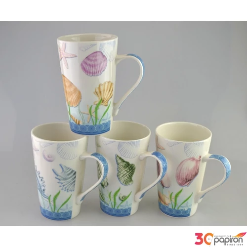 Bögre Porcelán 415ml V forma 4féle Tengeri kagylós mintával 8,5x13,5cm kávés bögre