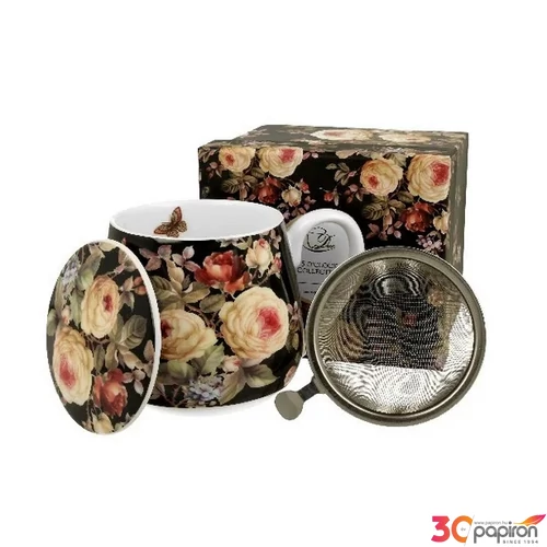 Bögre porcelán 430ml fekete rózsás, szűrővel 
