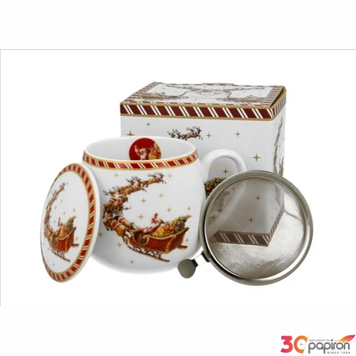 Bögre porcelán 4,3dl tetővel fémszűrővel,Santa on Sleig dobozban