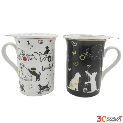 Bögre porcelán fedővel, 11x8,5x11cm, 280ml, 2 féle állatos