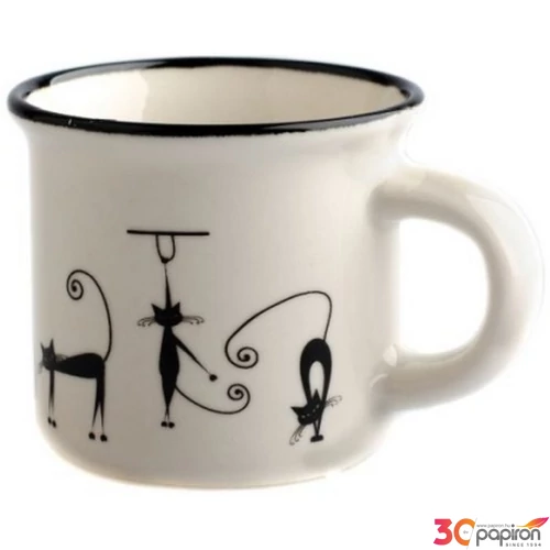 Bögre porcelán 75ml presszós, ágaskodó fekete macskás fekete csíkkal