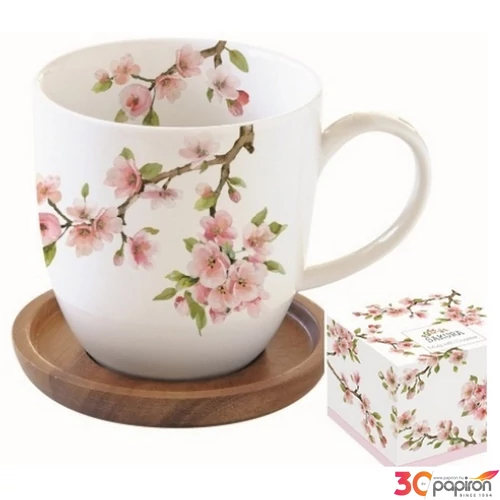 Bögre Porcelán akácfa alátéttel,350ml dobozban,Sakura