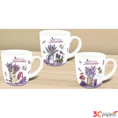 Bögre porcelán 360ml díszdobozos, kanál+tető 9x8,5cm, 3 féle Beautiful Lavender