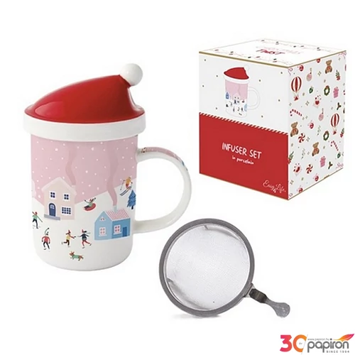 Bögre porcelán karácsony 3,7dl tetővel fémszűrővel,Christmas Twis