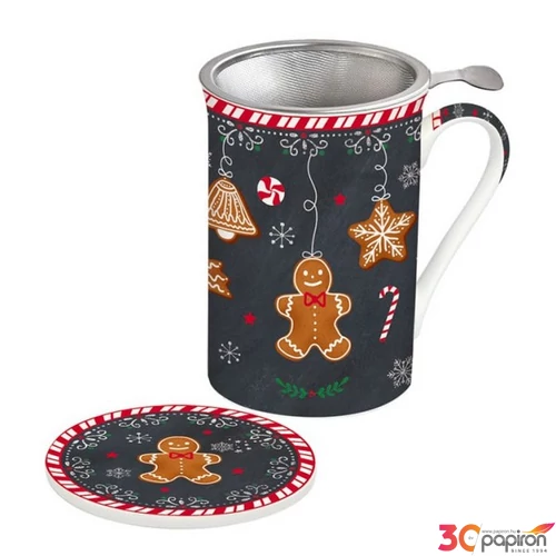 Bögre Porcelán karácsonyi 3dl tetővel fémszűrővel, Gingerbread dobozban