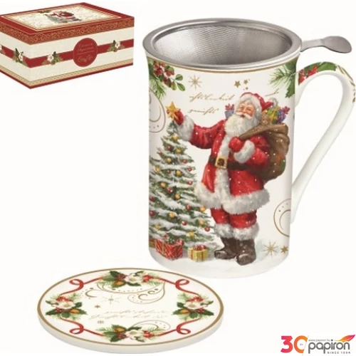 Bögre Porcelán karácsonyi 3dl tetővel fémszűrővel MagicChristmas dobozban