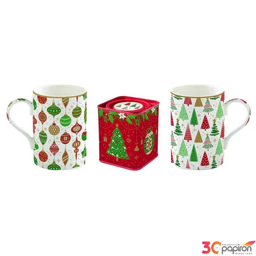 Bögre Porcelán karácsonyi 3,5dl 2db+fémdoboz 7,5x7,5x9cm, 2db-os dobozban