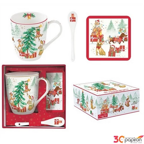 Bögre Porcelán karácsonyi 3,5dl kanállal, parafa poháralátéttel dobozban Christmas Gang