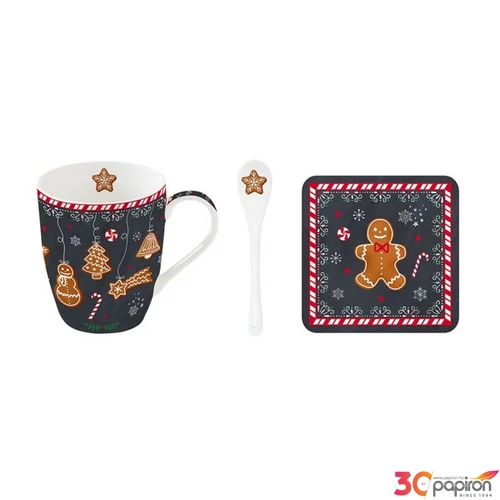 Bögre Porcelán karácsonyi 3,5dl Gingerbread kanállal,poháralátétte dobozban