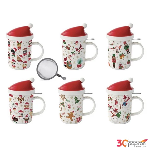 Bögre Porcelán karácsonyi 3,7dl tetővel fémszűrővel,Christmas Frie dobozban