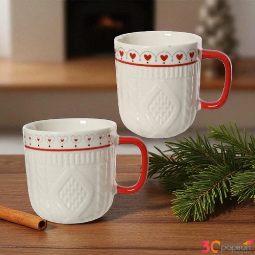 Bögre porcelán karácsonyi fehér színű piros füllel   SDKAE25 dombornyomott 2 féle 8,7x9,3cm