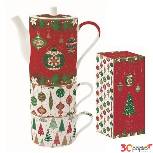 Csésze+alj Porcelán 5dl 2,4dl teáskannával Jingle Bells 2db-os dobozban