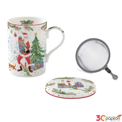 Bögre Porcelán karácsonyi 3,5dl szűrős tetővel Joyful Santa dobozban