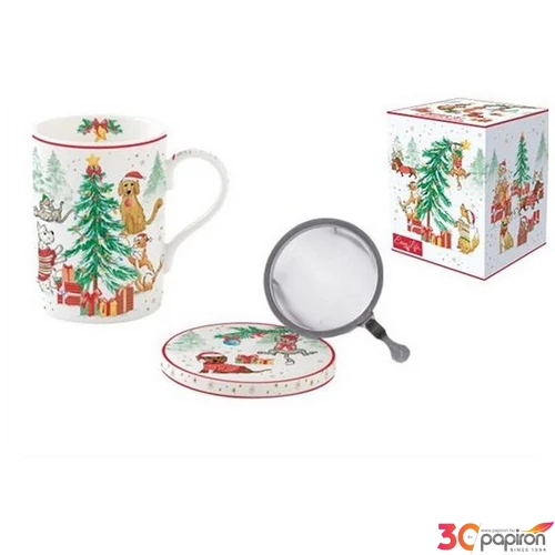 Bögre Porcelán karácsonyi 3,5dl szűrős tetővel Christmas Gang dobozban