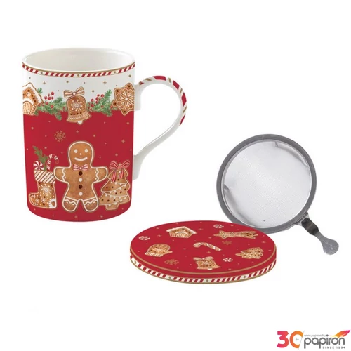 Bögre Porcelán karácsonyi 3,5dl szűrős tetővel Fancy Gingerbread dobozban