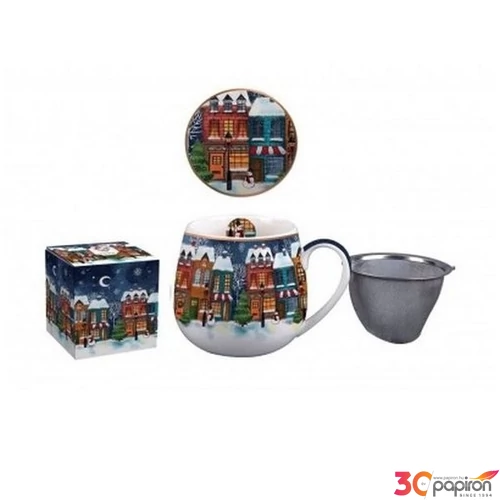 Bögre Porcelán karácsonyi 4,3dl tetővel fémszűrővel, Christmas Cit dobozban