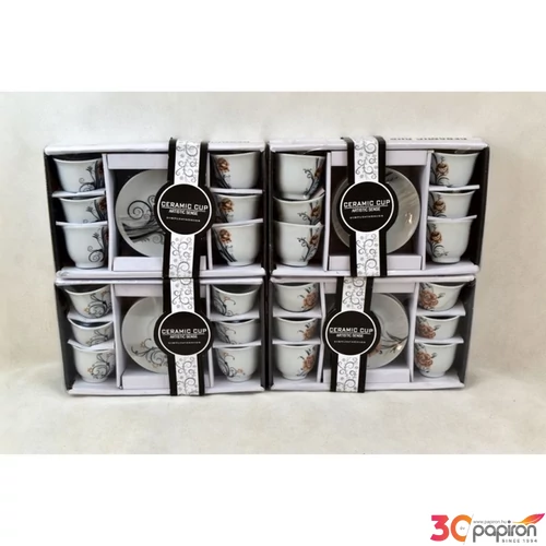 Csésze+alj Porcelán 90ml mokkásgarnitúra, 6 személyes ornamentika színes virágokkal 4 féle
