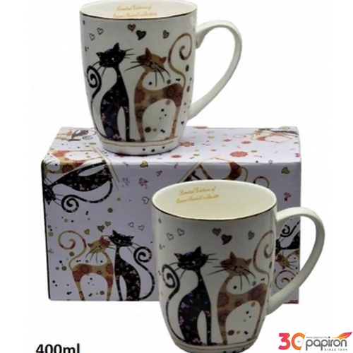 Bögre Porcelán 4dl Porcelánbögre 2db-os szett, fekete-barna virágos cicás