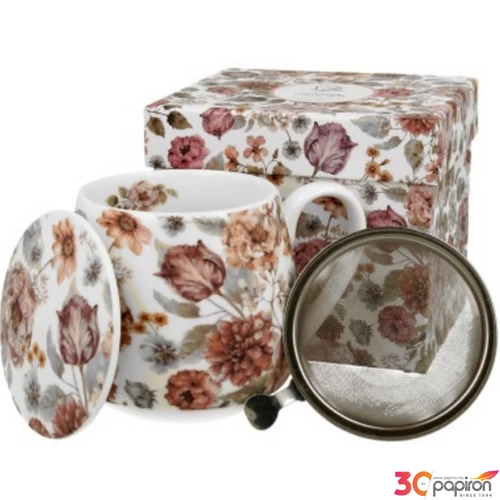 Bögre Porcelán 4,3dl tetővel fémszűrővel, Pastel Flower dobozban