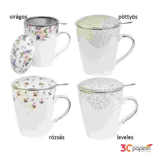 Bögre Porcelán tetővel,fémszűrővel,430ml